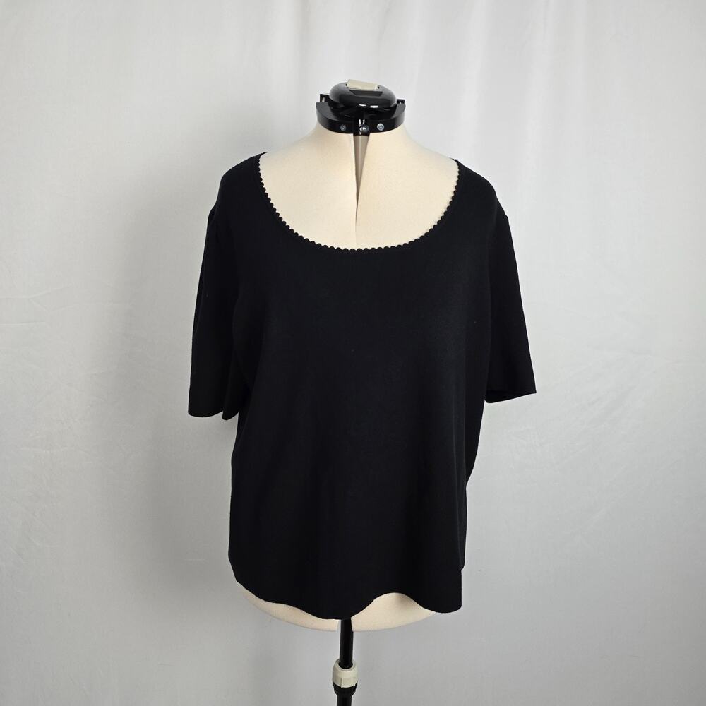 Talbots Blouse Women's 3X Black Short Sleeve Pom-poms Scoop Neck EUC